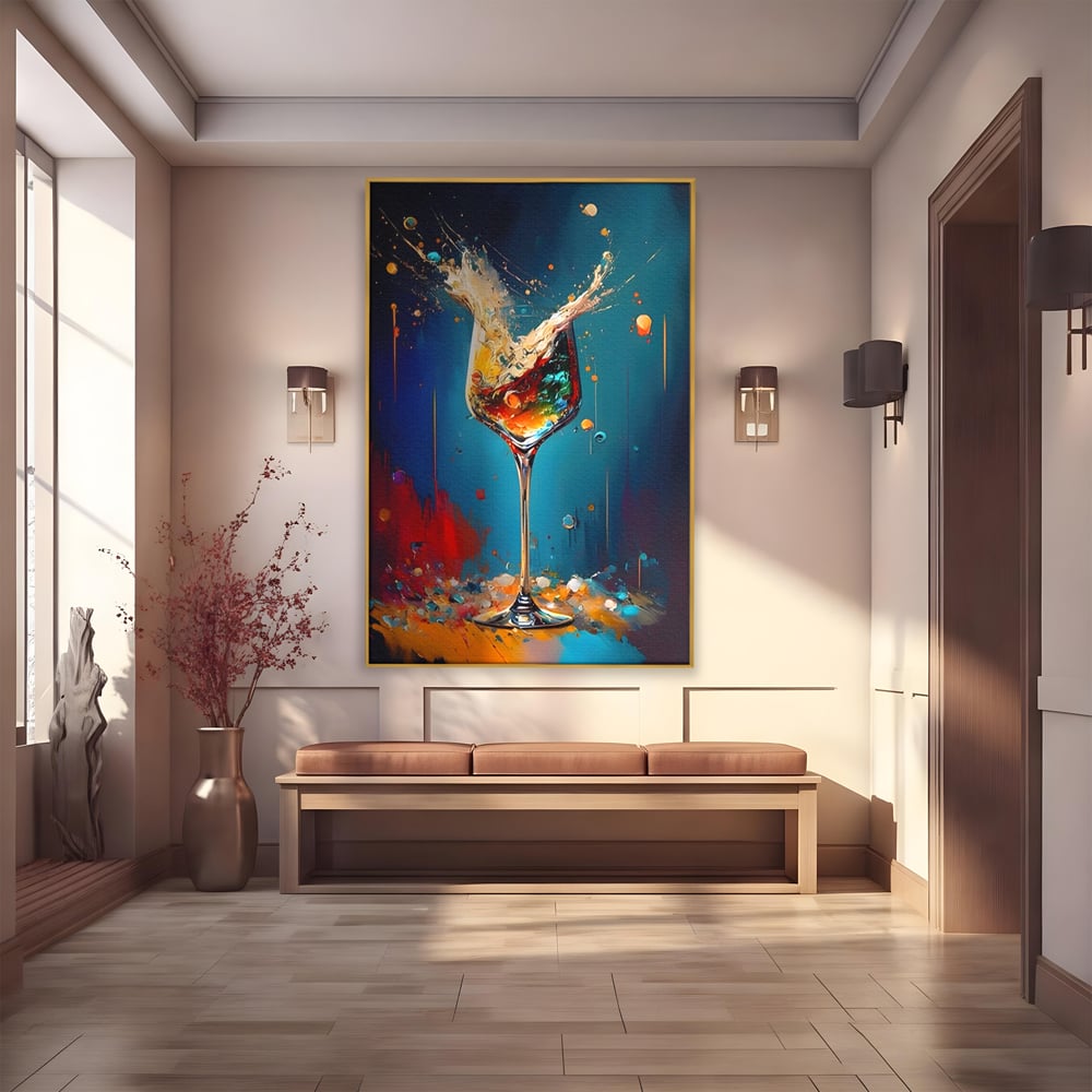 Tablou canvas cu tablou canvas cu pahar de cocktail si stropi colorati, in rama de aluminiu auriu